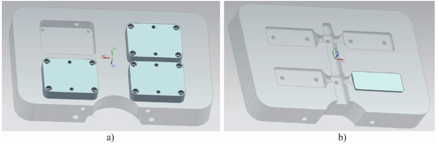 Fib. 2 Test blocks inserted in cover die( a) and the shaped sheet in ejector die( b)